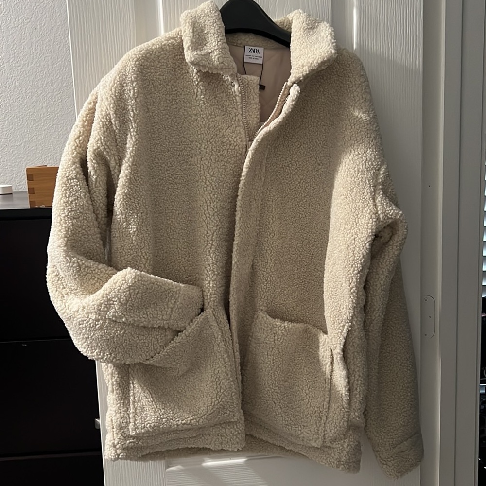 Zara Men Fleece Cream White Faux Sherpa Jacket Coat S M Winter Oversized